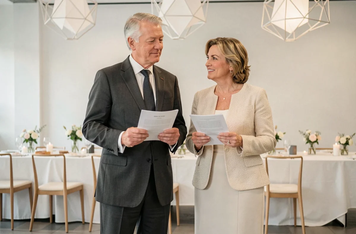 Parents des mariés en couple prononçant ensemble un discours moderne lors d'une réception de mariage contemporaine