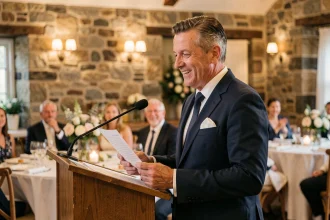 Père du marié en costume marine prononçant un discours émouvant lors d'un mariage en salle de réception rustique