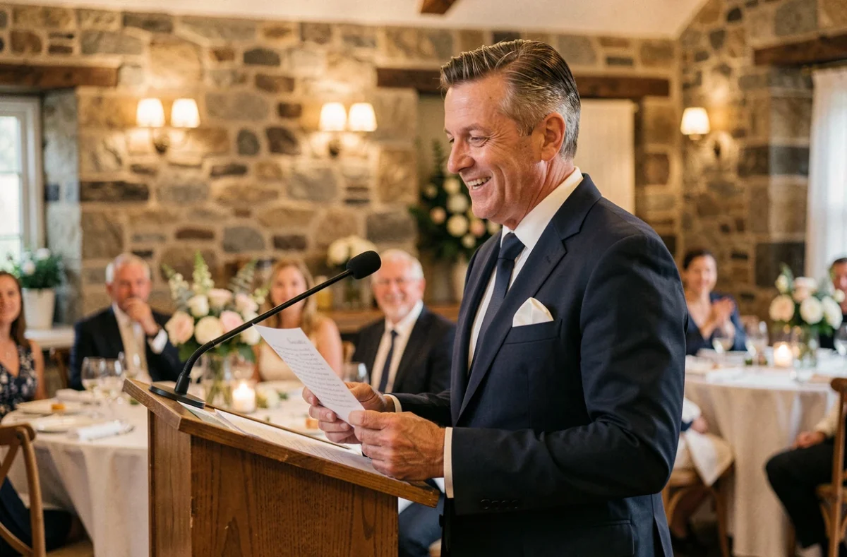 Père du marié en costume marine prononçant un discours émouvant lors d'un mariage en salle de réception rustique