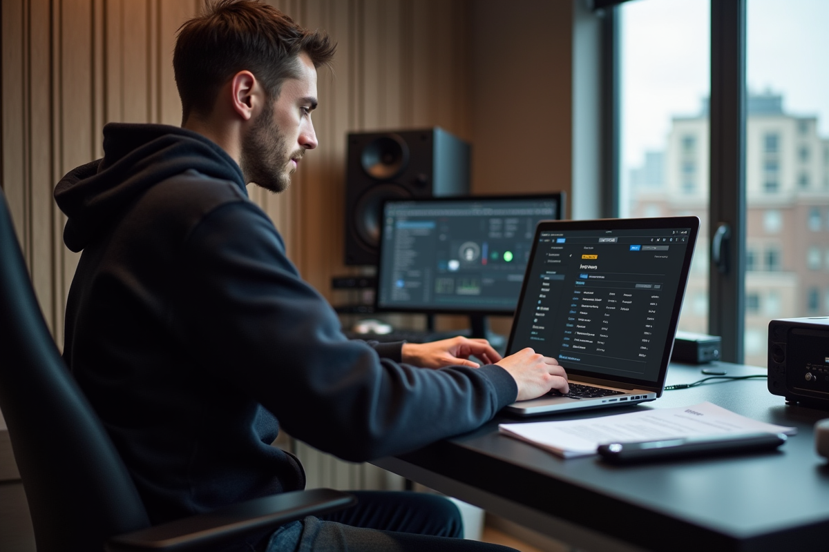 Jeune DJ au studio en train de vérifier une facture