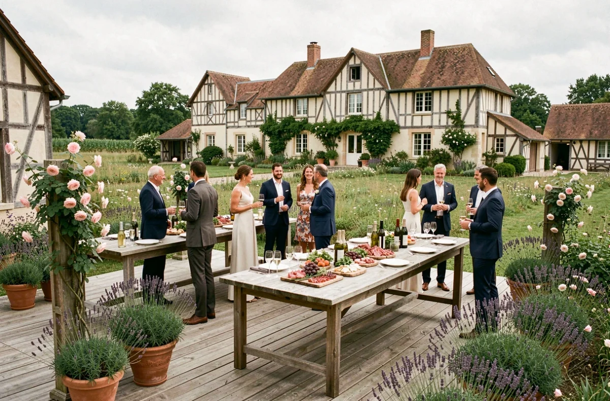 Cocktail de mariage en plein air au Domaine de la Chanterelle, avec invités élégants sur une terrasse en bois entourée de lavande et de roses grimpantes