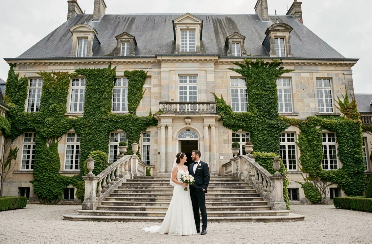 Couple de mariés devant la façade en pierre du Domaine du Château d'Aunoy en Seine-et-Marne