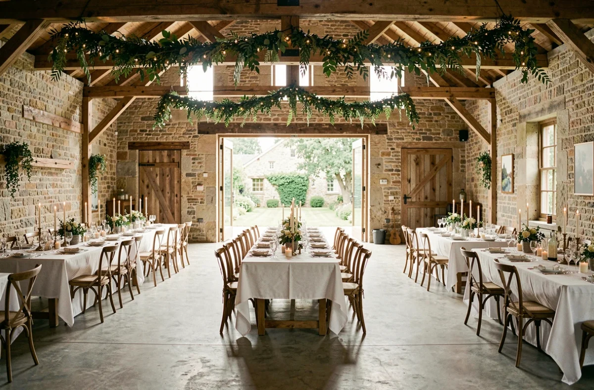 Salle de réception du Domaine du Funquerel décorée pour un mariage, avec table d'honneur, guirlandes de verdure et grandes portes vitrées ouvertes sur le jardin