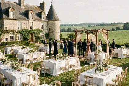 Vue d'ensemble d'un domaine de mariage dans le Nord avec château historique, jardin fleuri et tables de réception élégamment dressées