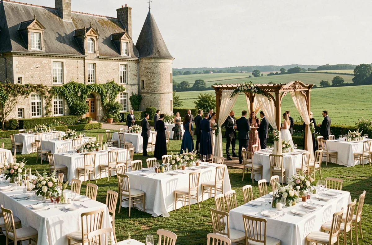 Vue d'ensemble d'un domaine de mariage dans le Nord avec château historique, jardin fleuri et tables de réception élégamment dressées