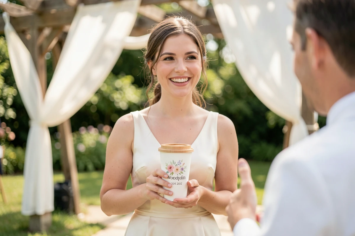 Demoiselle d'honneur tenant un eco cup personnalisé blanc avec motif floral aquarelle et date de mariage lors d'une réception de mariage en plein air sous une pergola