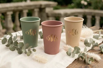 Trois eco cups personnalisés pour mariage en finition mate vert sauge, rose poudré et beige chaud avec monogrammes dorés sur une table en bois rustique décorée d'eucalyptus séché