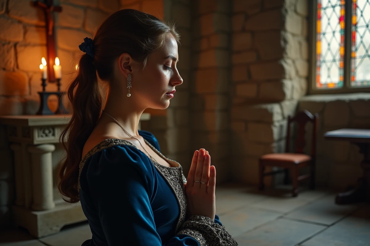 Femme en robe de velours bleu du XVIIe siècle en prière dans une chapelle de château, illustrant la piété et la solitude de l'épouse de Louis XIV