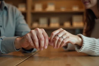 Mains d'un homme et d'une femme côte à côte montrant leurs bagues, illustrant la différence de taille entre bague homme et femme