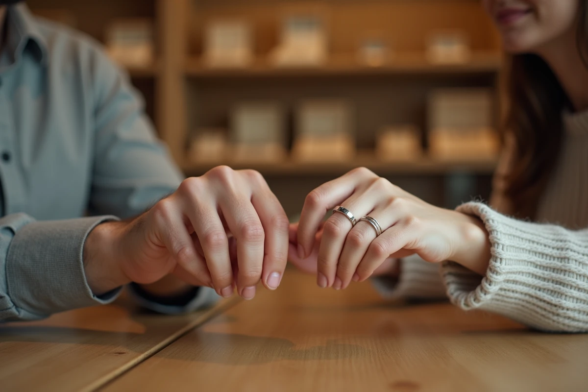 Mains d'un homme et d'une femme côte à côte montrant leurs bagues, illustrant la différence de taille entre bague homme et femme
