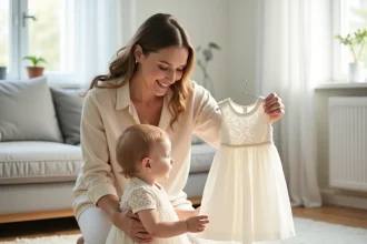 Maman tenant une robe de mariage bébé en dentelle blanche devant sa fille assise sur un parquet en bois clair