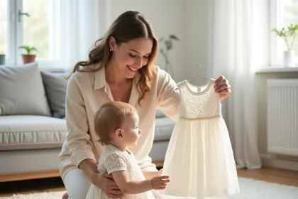 Maman tenant une robe de mariage bébé en dentelle blanche devant sa fille assise sur un parquet en bois clair