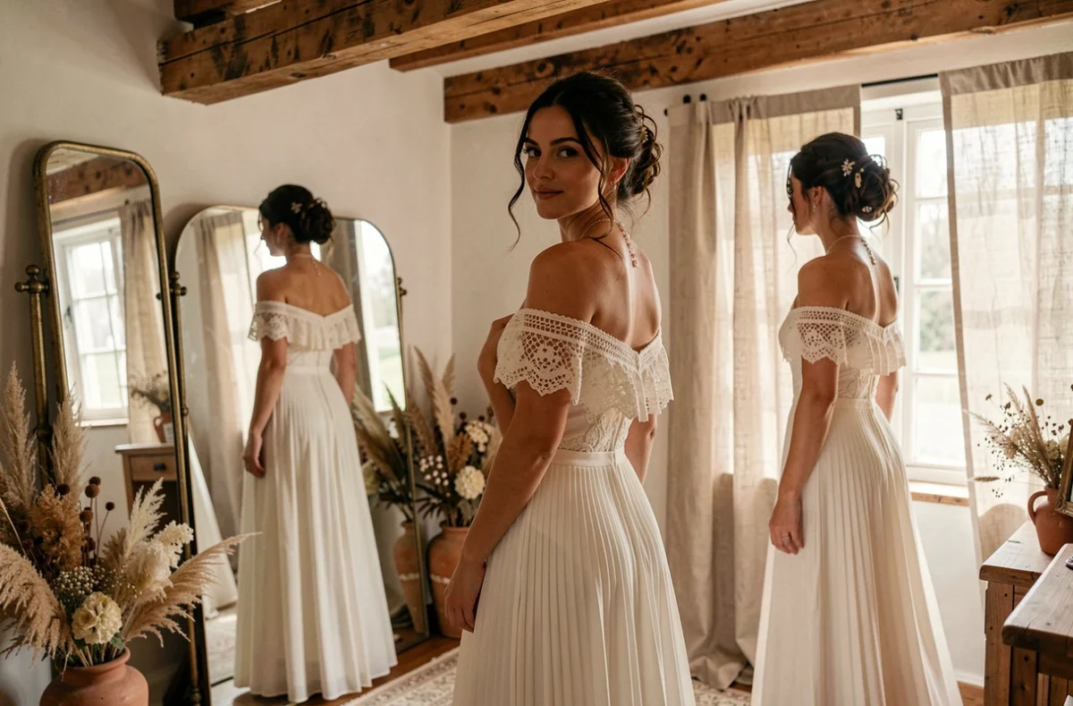 Femme essayant une robe de mariée bohème épaules dénudées dans une boutique de mariage rustique avec miroirs vintage et décoration naturelle
