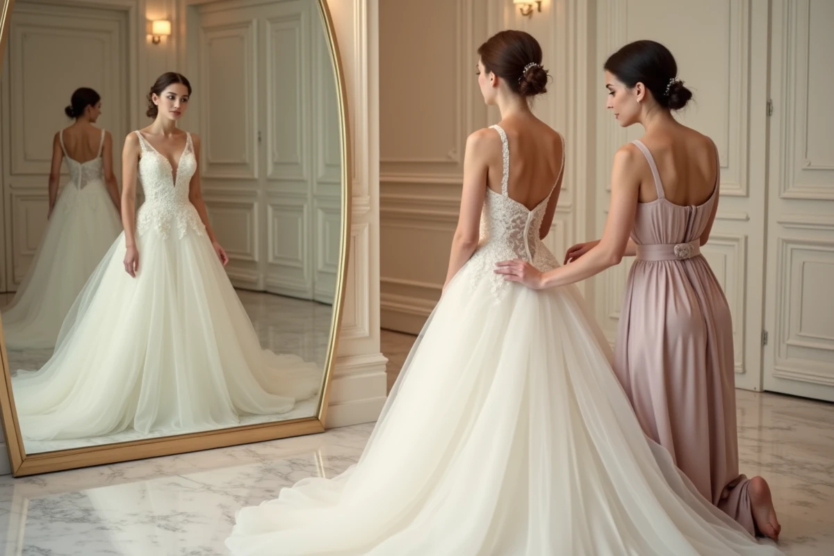 Femme petite taille en robe de mariée princesse structurée lors d'un essayage en cabine avec couturière, conseils pour allonger la silhouette