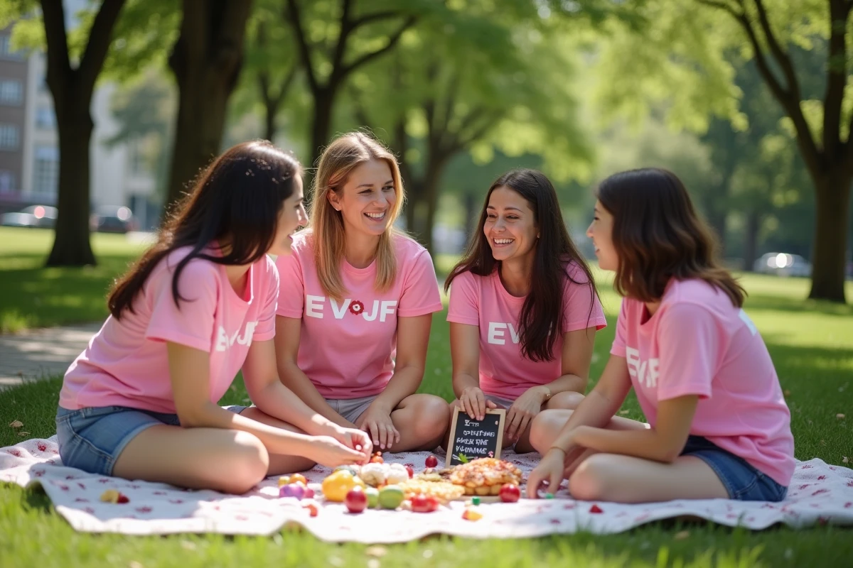 Groupe de femmes en t-shirts EVJF assortis profitant d'un pique-nique festif en plein air dans un parc urbain ensoleillé
