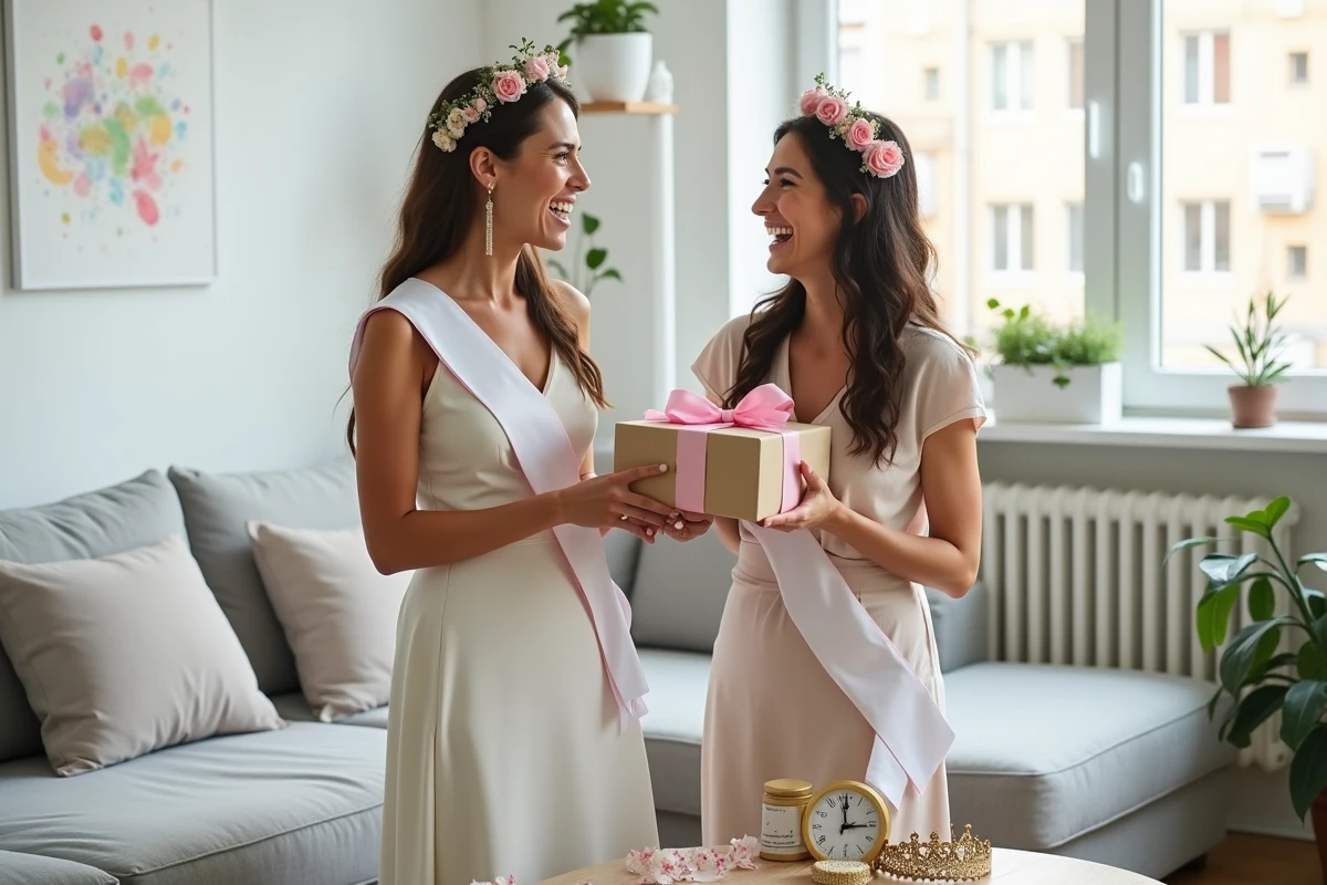 Future mariée surprise avec couronne florale recevant un cadeau d'EVJF de sa meilleure amie dans un appartement décoré