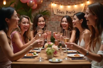 Groupe d'amies portant un toast lors d'un enterrement de vie de jeune fille surprise dans un restaurant privatisé avec décorations roses et dorées