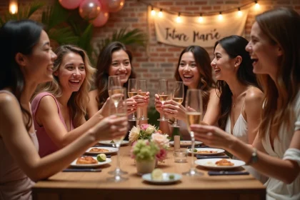 Groupe d'amies portant un toast lors d'un enterrement de vie de jeune fille surprise dans un restaurant privatisé avec décorations roses et dorées