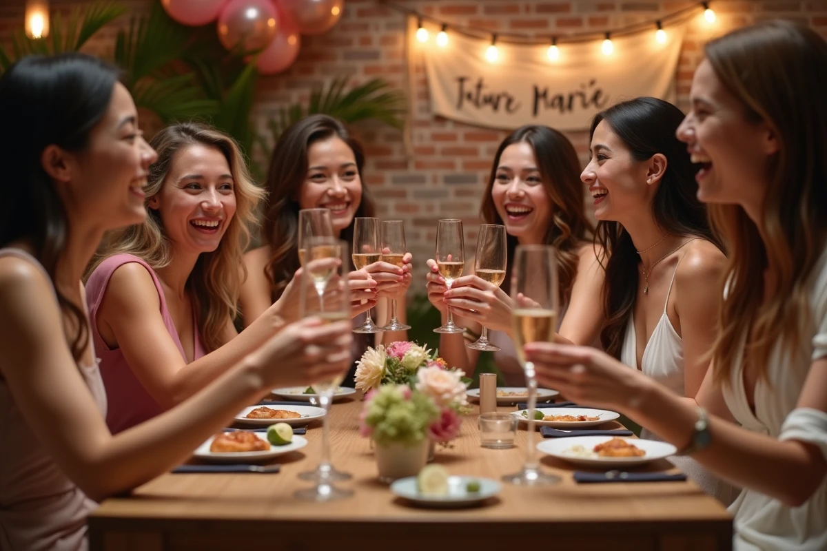 Groupe d'amies portant un toast lors d'un enterrement de vie de jeune fille surprise dans un restaurant privatisé avec décorations roses et dorées