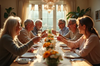 Famille multigénérationnelle réunie autour d'une table festive pour célébrer un anniversaire de mariage avec humour et bonne humeur