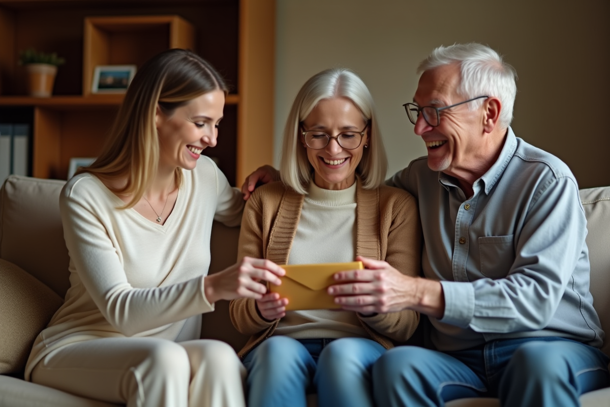 Famille échangeant des enveloppes cadeaux dans le salon