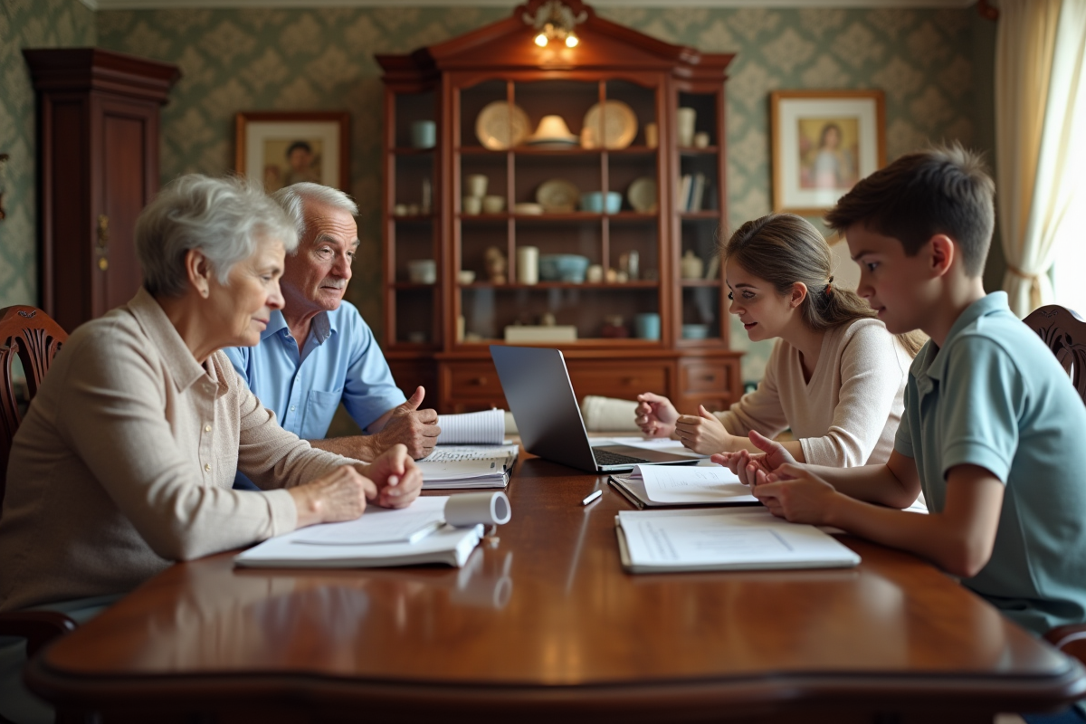 Famille discutant des dépenses de mariage autour d