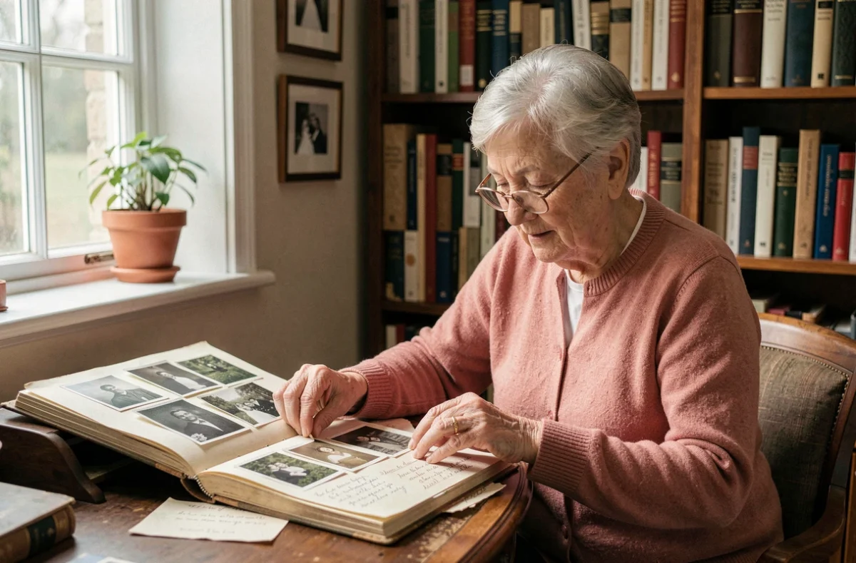 Femme âgée rédigeant un album souvenir avec de vieilles photos et lettres dans un bureau chaleureux, préservant les précieux souvenirs de 50 ans de mariage