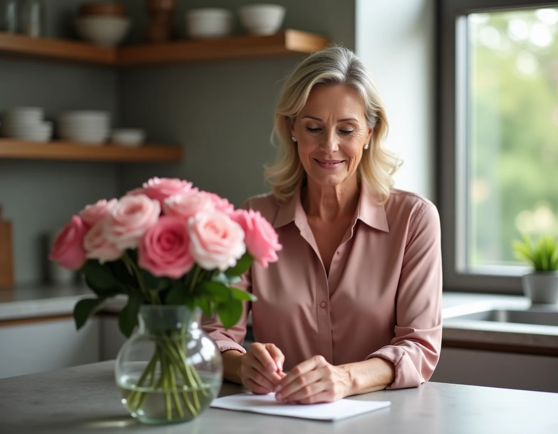 Femme arrangeant un bouquet de roses roses pour anniversaire de mariage de 17 ans dans une cuisine moderne
