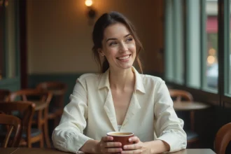 Femme discrète attablée dans un café parisien, protégeant son intimité avec sérénité