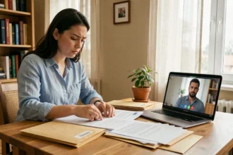 Femme organisant un dossier de visa mariage depuis son appartement avec documents officiels et appel vidéo