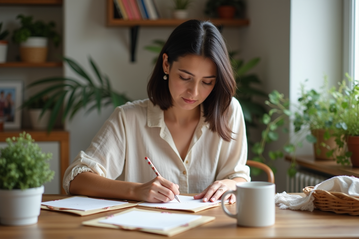 Femme écrivant invitations de mariage dans une cuisine chaleureuse