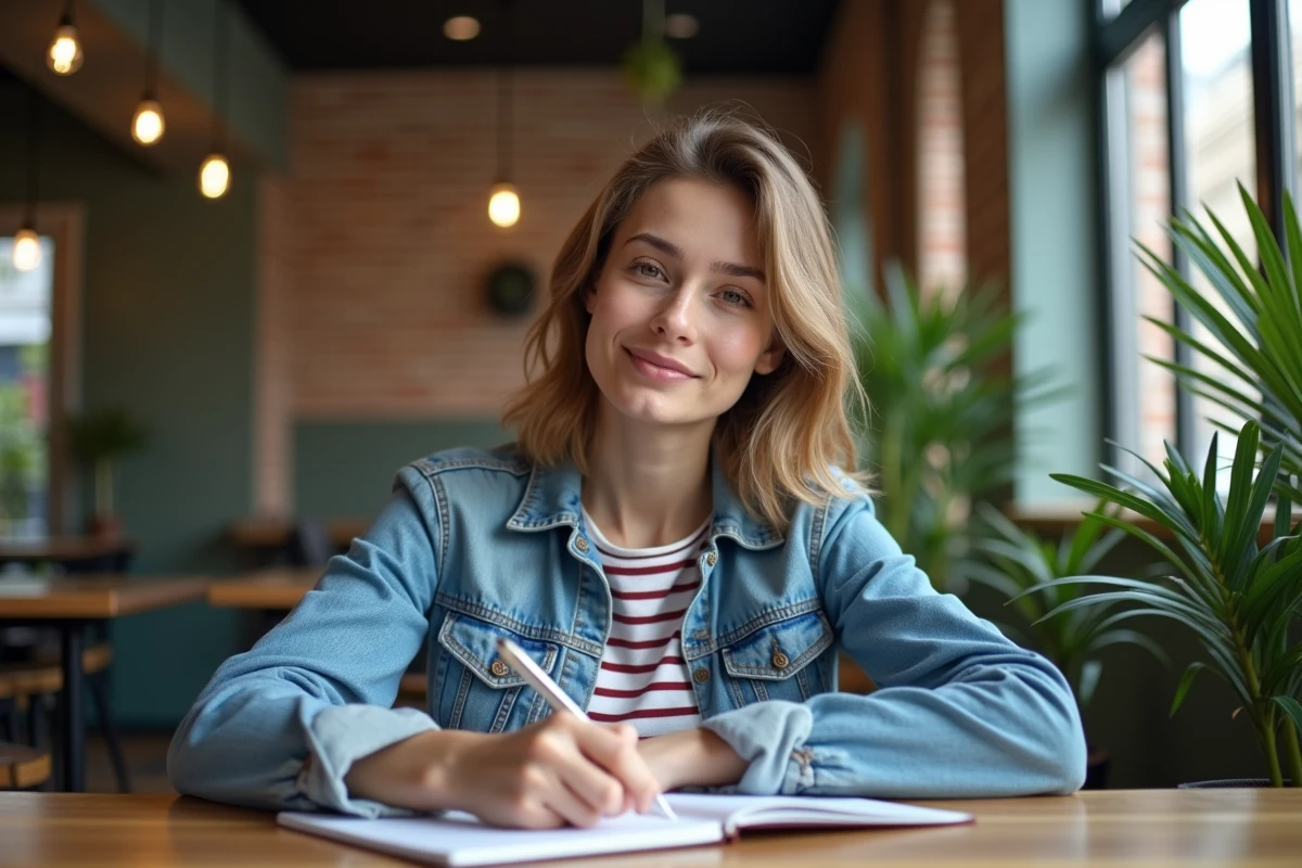 Jeune femme &eacute;crivant son nom et signe zodiac au caf&eacute;