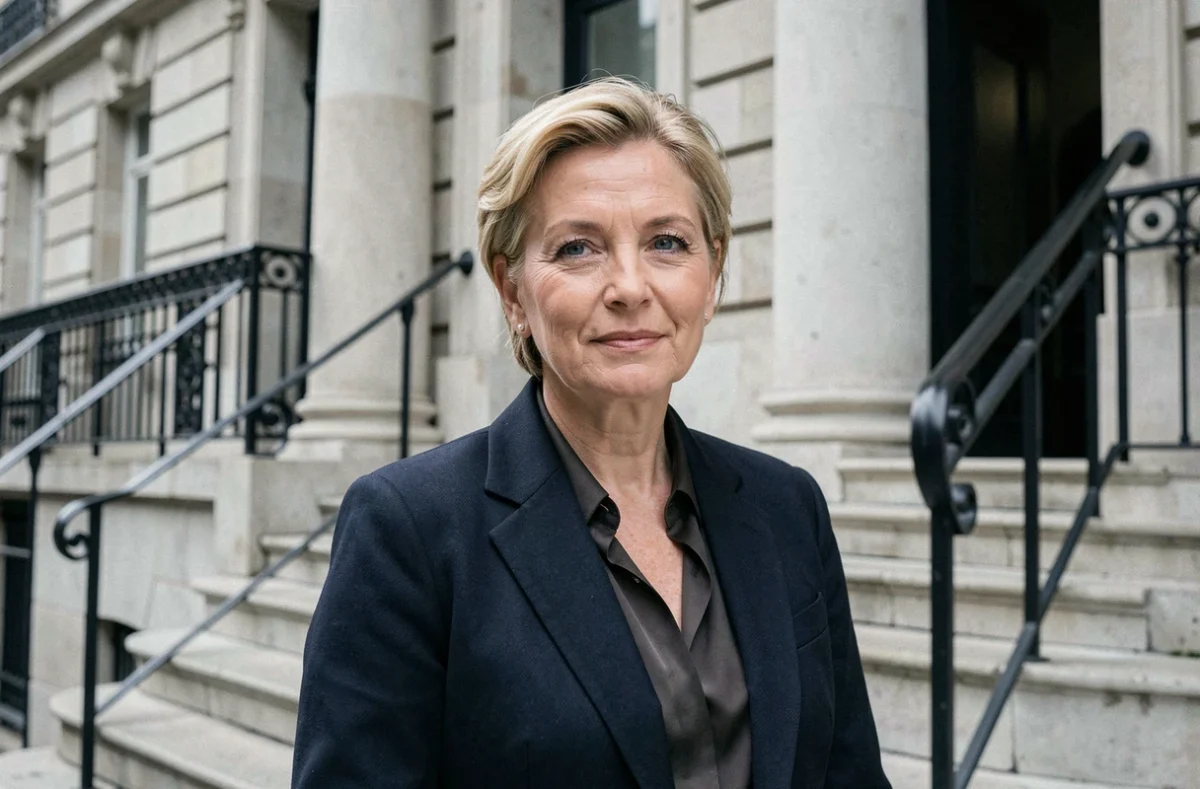 Femme française élégante posant devant un immeuble haussmannien à Paris, portrait éditorial journalistique en extérieur
