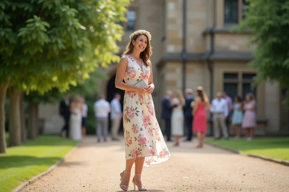 Femme élégante en robe florale dans un jardin