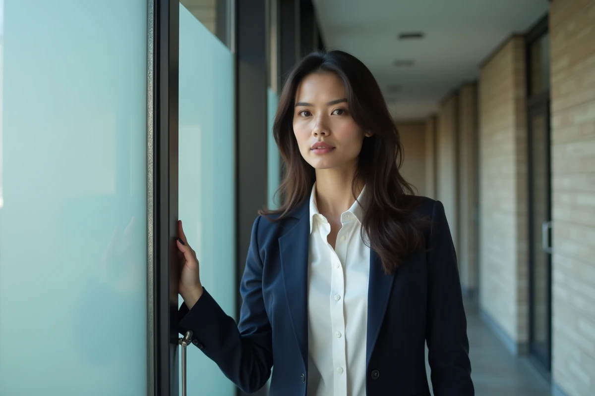 Femme élégante devant une porte vitrée symbolisant la protection de la vie privée