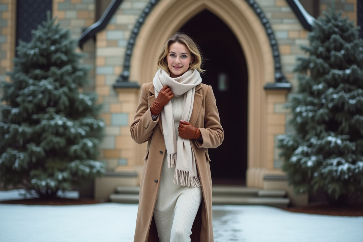 Femme élégante sortant d'une église en hiver avec manteau et foulard