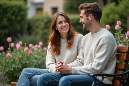 Femme et homme souriants dans un jardin en &eacute;t&eacute;