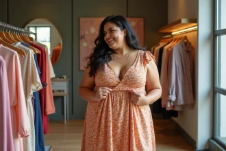 Femme plussize joyeuse en boutique portant robe Les Filles Fideles