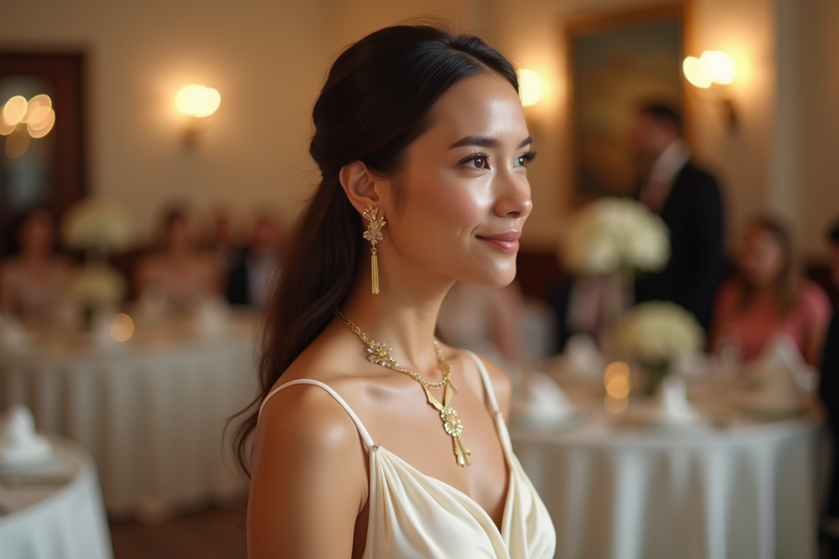 Femme en robe crème élégante lors d'un mariage intérieur