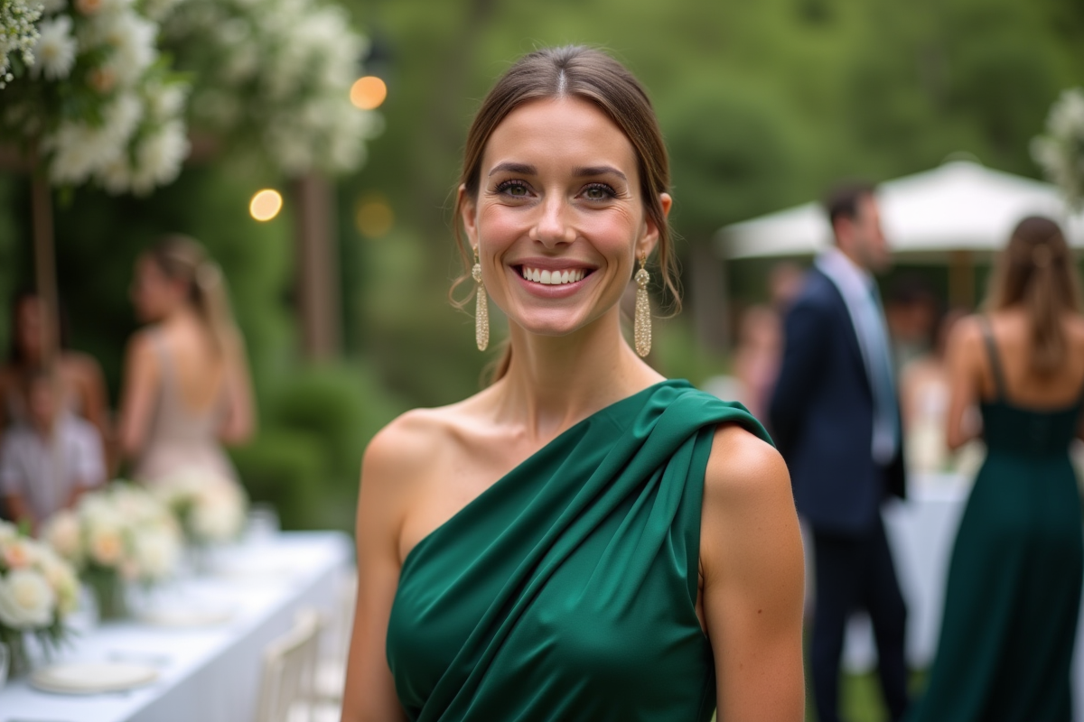 Femme en robe verte lors d'une réception en plein air