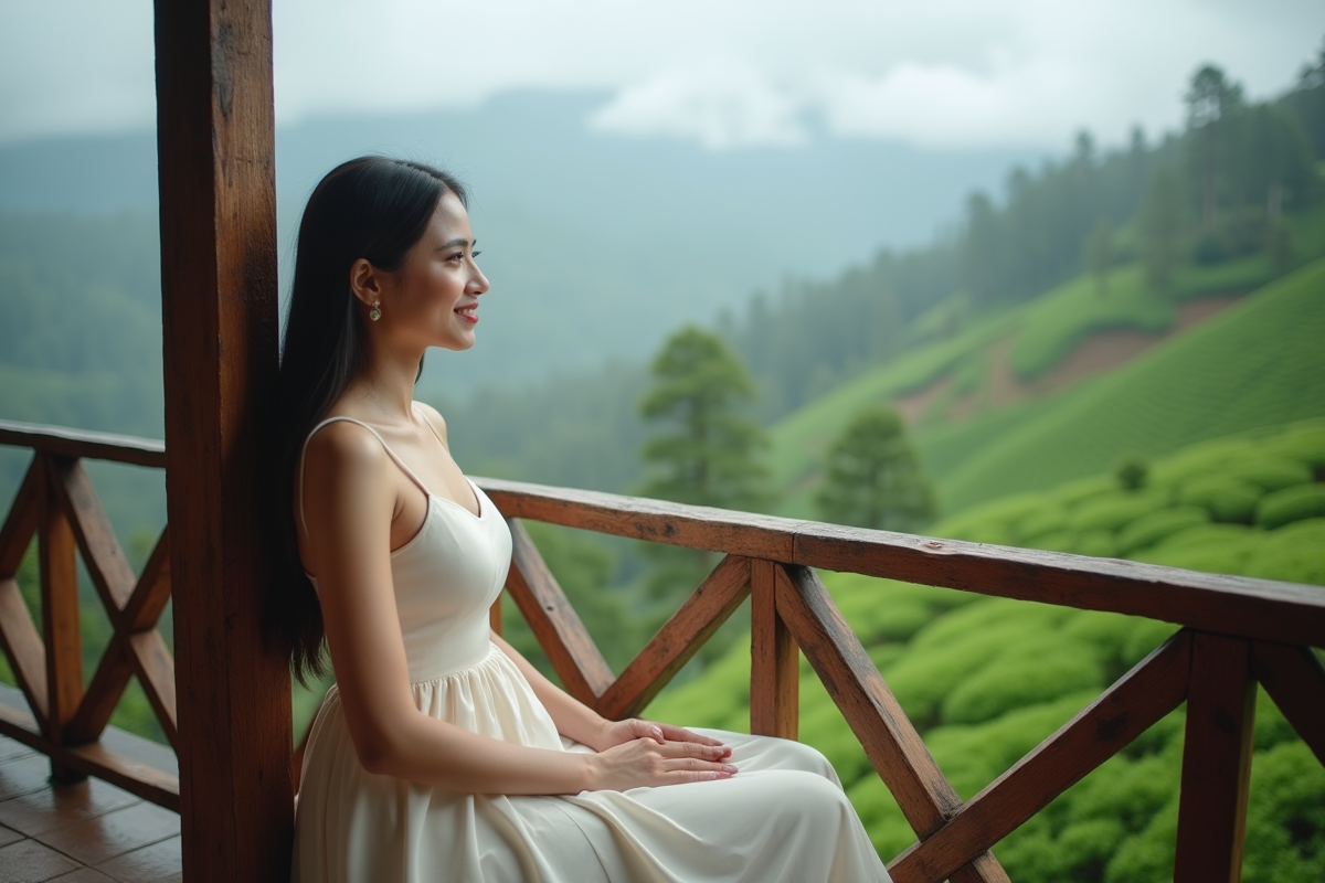 Femme mariée regardant la vallée de Munnar