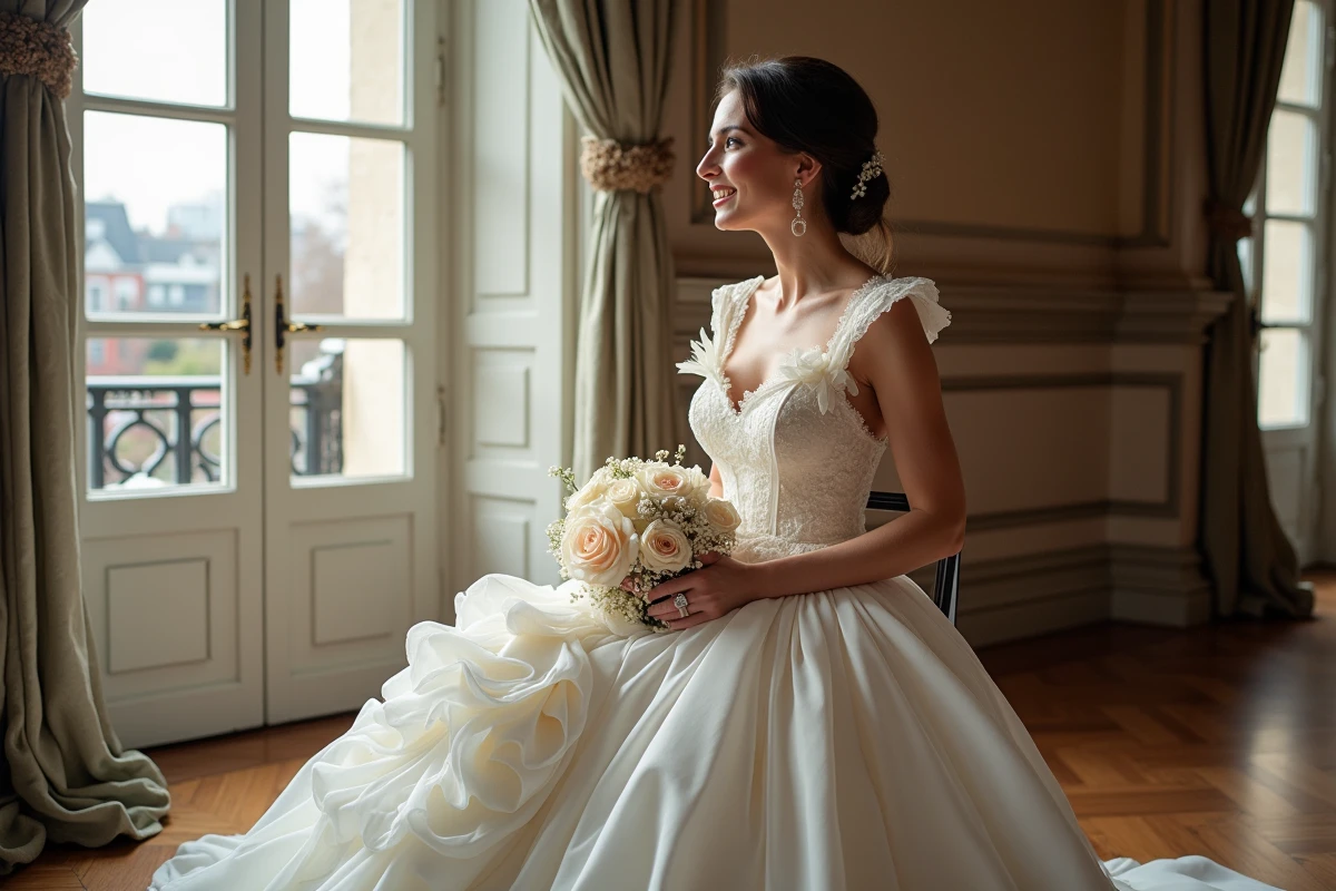 Femme souriante en robe de mariée dans un salon elegant