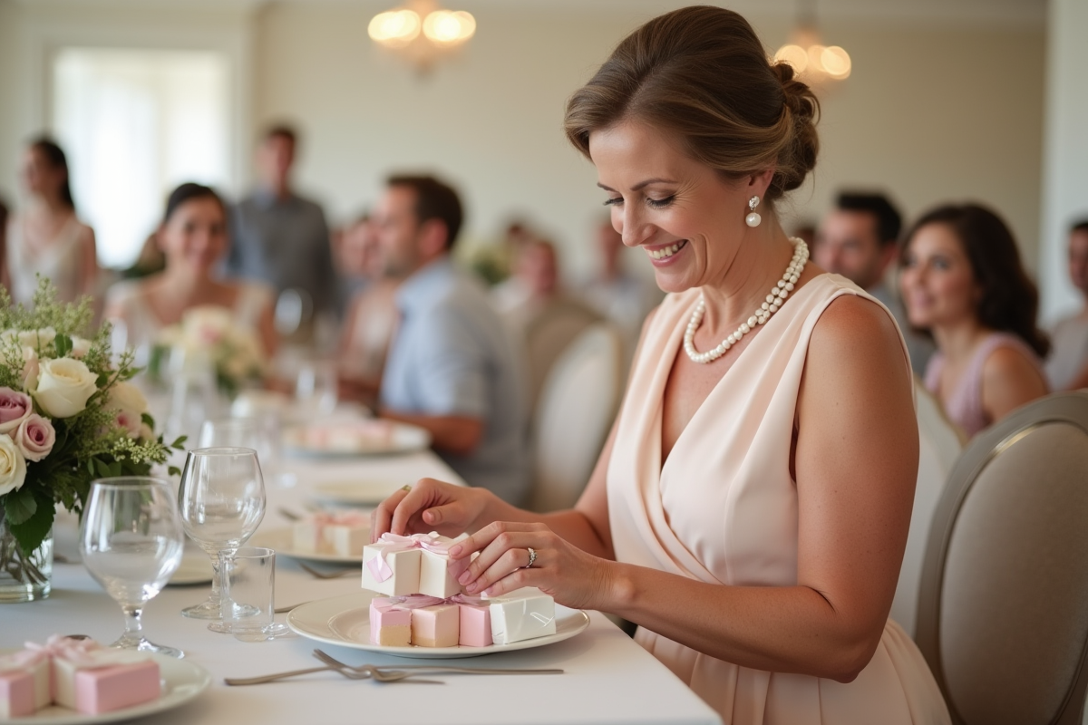 Femme souriante en robe pastel arrangeant dragées