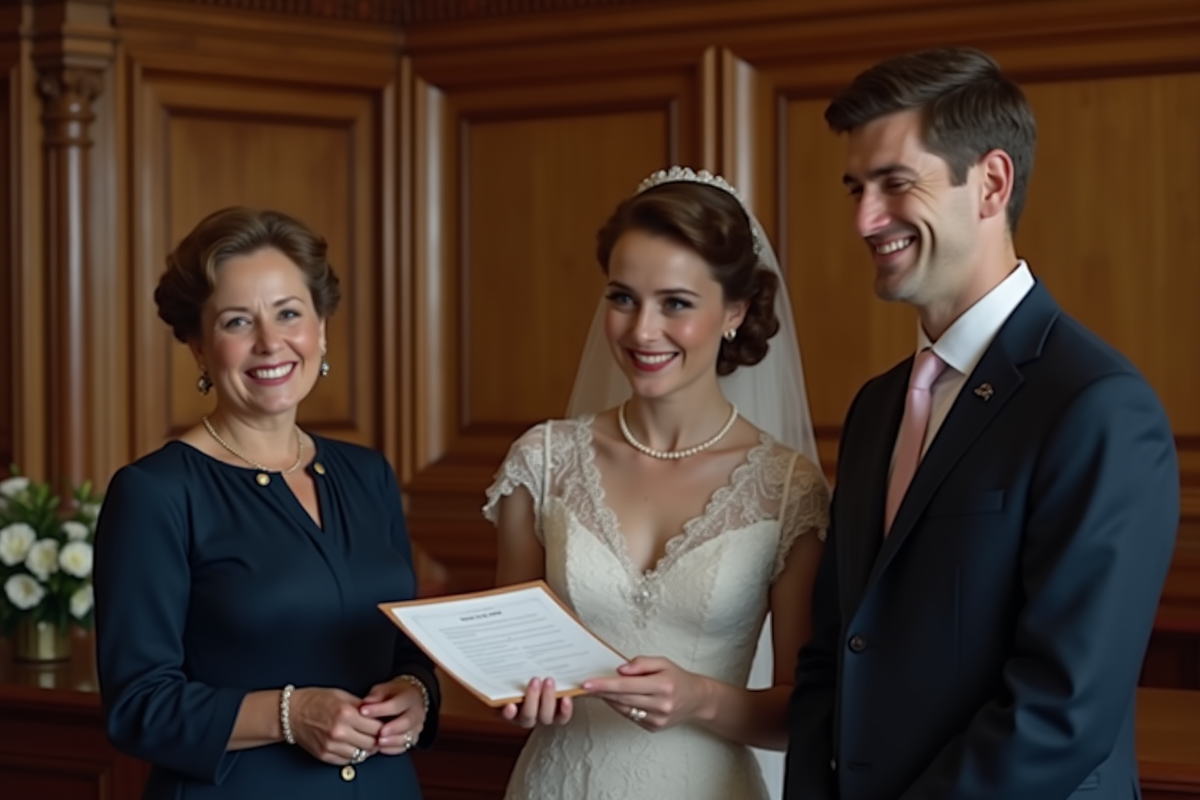 Femme élégante signe le document de mariage lors de la cérémonie