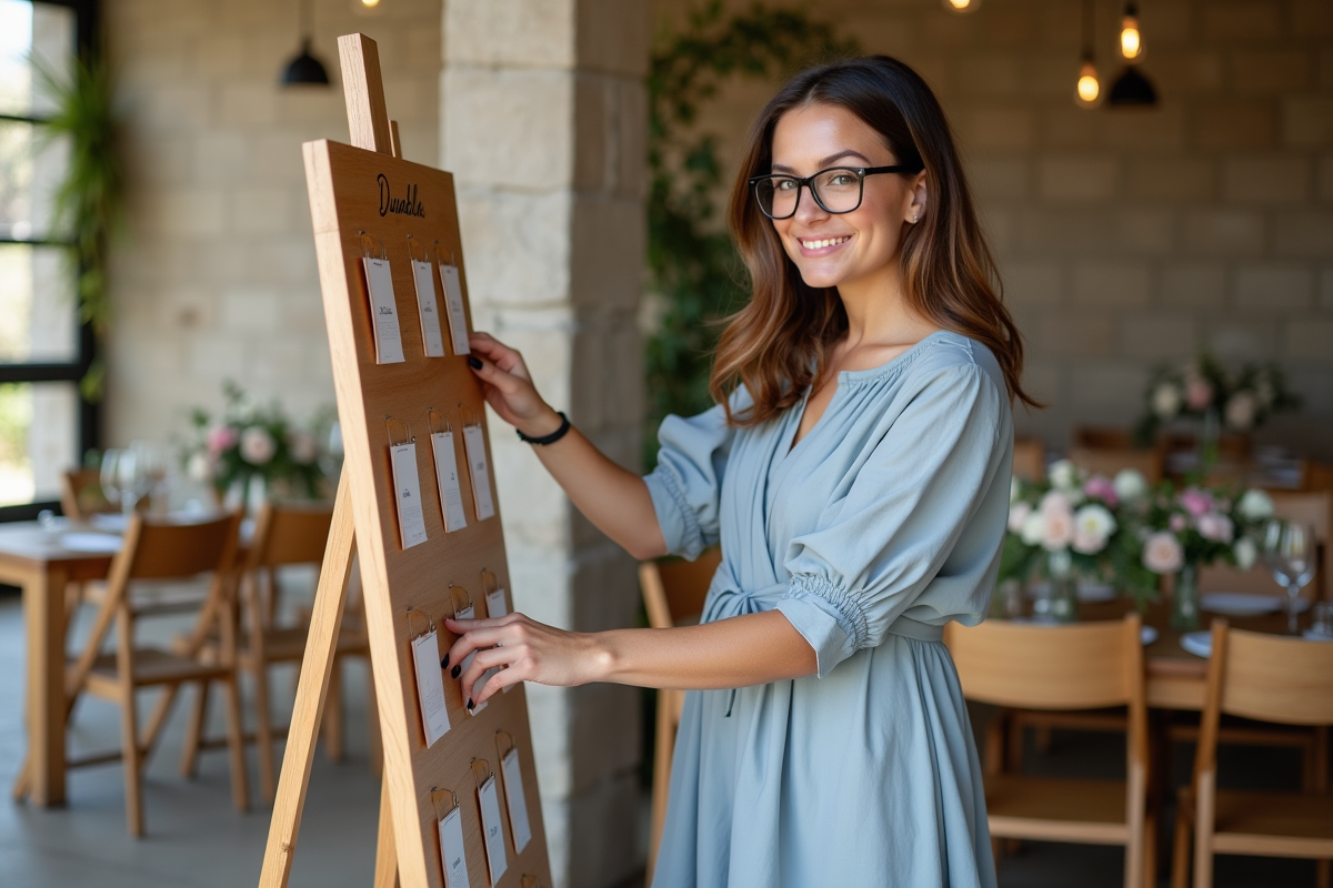 Femme en robe bleue attachant des cartes de nom lors d'un mariage