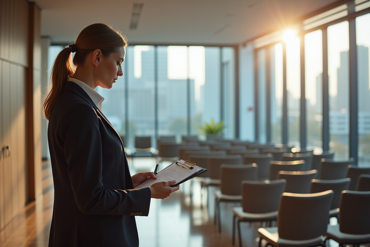 Femme d affaires comptant des chaises vides dans une salle moderne