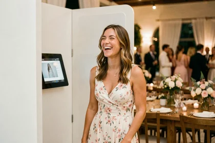 Jeune femme souriante utilisant un photobooth moderne shootnbox lors d'une réception de mariage élégante