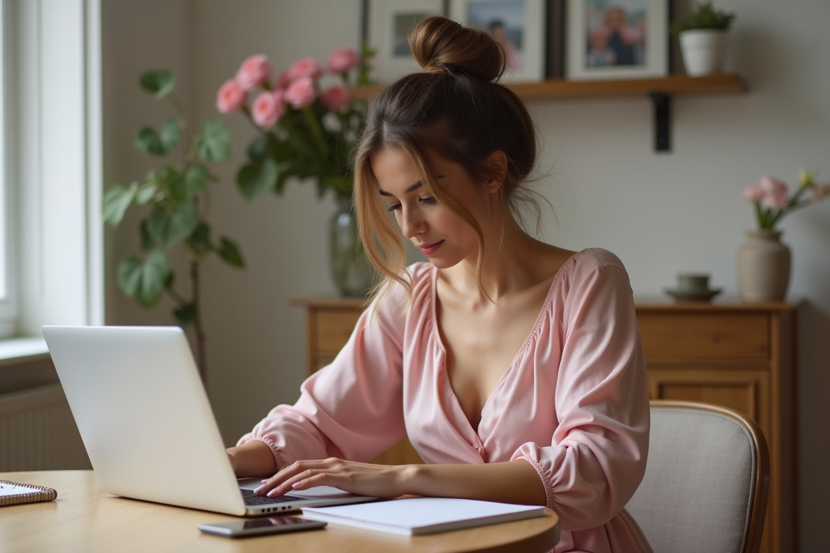 Femme élégante prépare la playlist de mariage à la maison