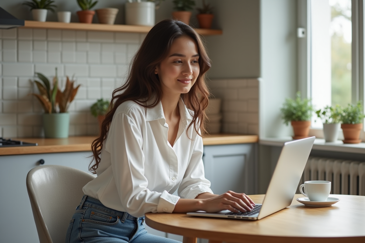 Jeune femme cherchant une robe de mariage sur son ordinateur