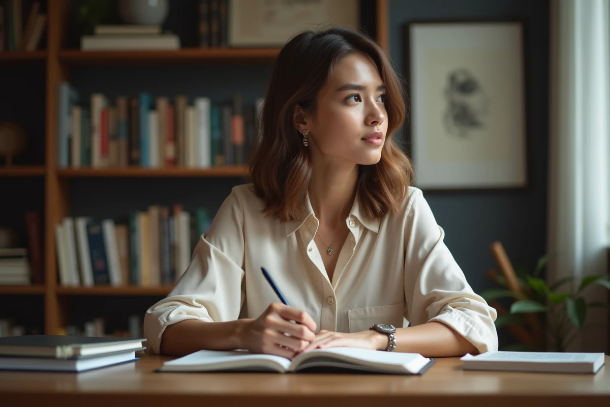 Femme réfléchie dans un bureau cosy avec livres et art
